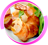 Bacon Wrapped Shrimp with Basil Garlic Stuffing<br />(+ 10 Baht) 
